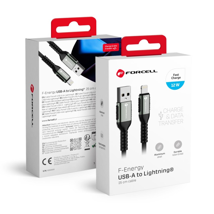 Cable USB A to Lightning Forcell F-Energy 2,4A 12W Cafule 0,25 m C257 black