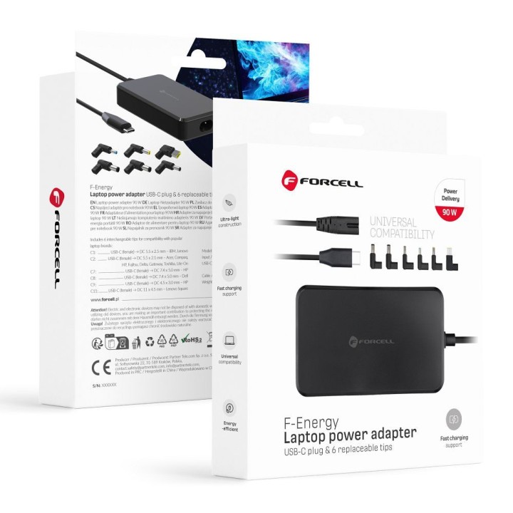 Універсальний блок живлення для ноутбука 90W Forcell F-Energy USB C + 6 наконечників E856 чорний