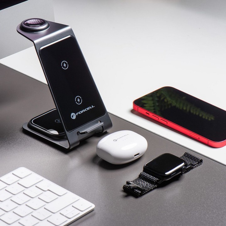 Wireless charger Forcell F-Energy 3-in-1 Simply Charge aluminium, compatible with Apple Watch and Samsung Watch grey
