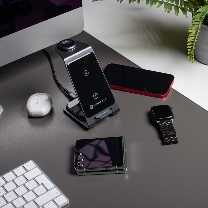 Wireless charger Forcell F-Energy 3w1 Simply Charge aluminium compatible with Apple Watch and Samsung Watch grey