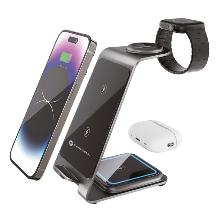 Wireless charger Forcell F-Energy 3w1 Simply Charge aluminium compatible with Apple Watch and Samsung Watch grey