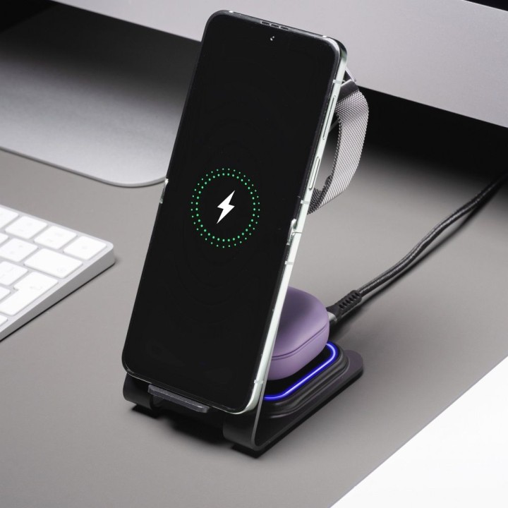 Wireless charger Forcell F-Energy 3w1 Simply Charge aluminium compatible with Apple Watch and Samsung Watch grey
