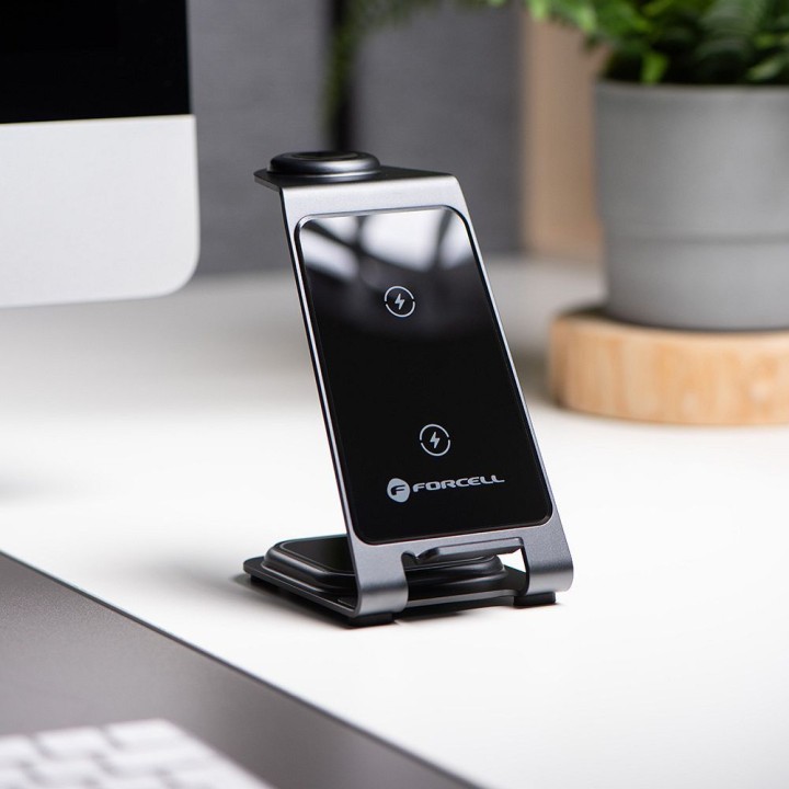Wireless charger Forcell F-Energy 3w1 Simply Charge aluminium compatible with Apple Watch and Samsung Watch grey