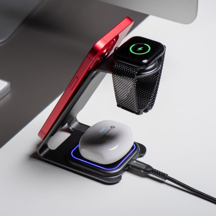 Ładowarka indukcyjna Forcell F-Energy 3w1 Simply Charge aluminiowa kompatybilna z Apple Watch i Samsung Watch szara
