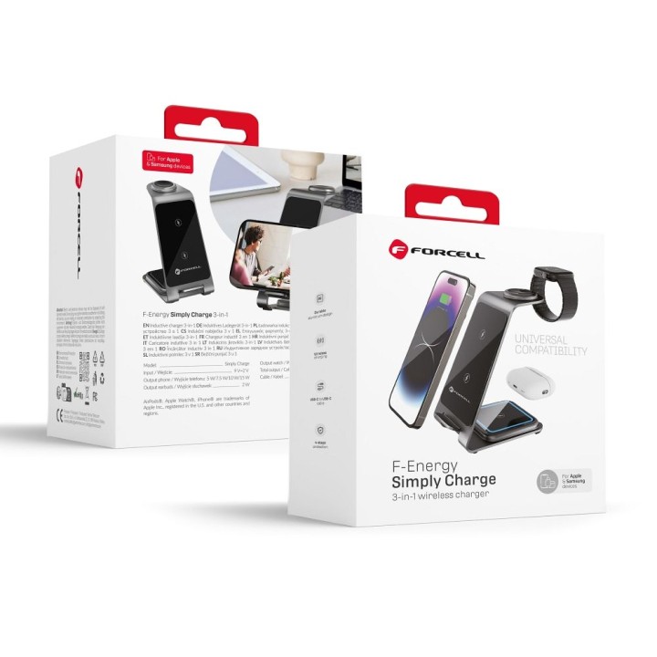 Wireless charger Forcell F-Energy 3w1 Simply Charge aluminium compatible with Apple Watch and Samsung Watch grey