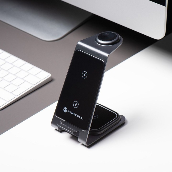 Бездротовий зарядний пристрій Forcell F-Energy 3w1 Simply Charge алюмінієва сумісна з Apple Watch і Samsung Watch сірий