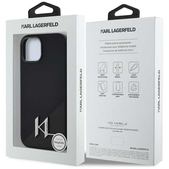 KARL LAGERFELD чехол для IPHONE 15 совместимый с MagSafe KLHMP15SSCMKMPCK (Silicone Initial Metal Logo) черный