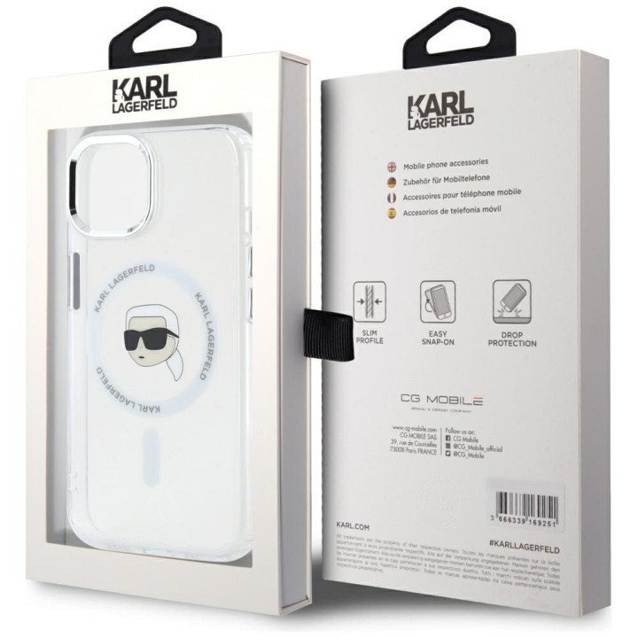 KARL LAGERFELD чехол для IPHONE 15 совместимый с MagSafe KLHMP15SHLSKIH (IML Metal K Head) белый