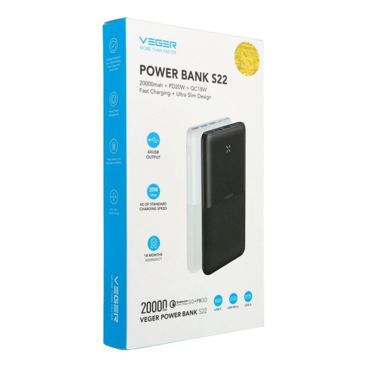 Повербанк Veger (W2060) PD QC3.0 3A 20W 20000 mAh черный