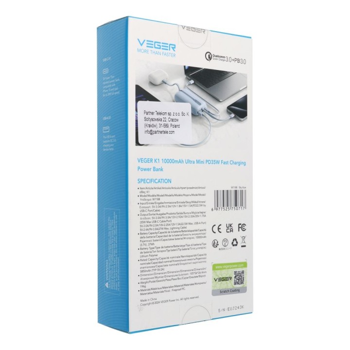 Повербанк Veger K1 (W1188) PD QC3.0 35W 10000 mAh с встроенными кабелями USB C / Lightning синий