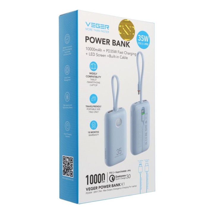 Повербанк Veger K1 (W1188) PD QC3.0 35W 10000 mAh с встроенными кабелями USB C / Lightning синий