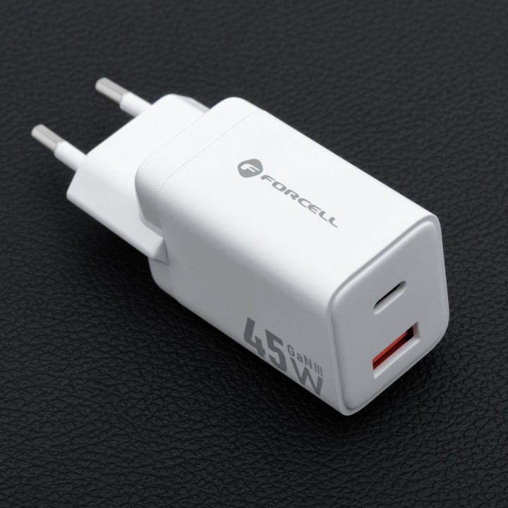 Wall charger for phone Forcell F-Energy Mini GaN III USB C + USB A PD QC4.0 45W VT-36 white