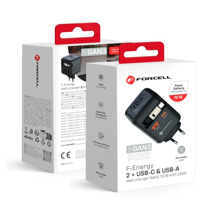 Wall charger for phone Forcell F-Energy GaN USB C + USB A + retractable cable USB C PD QC4.0 3A 70W VT-R7 grey
