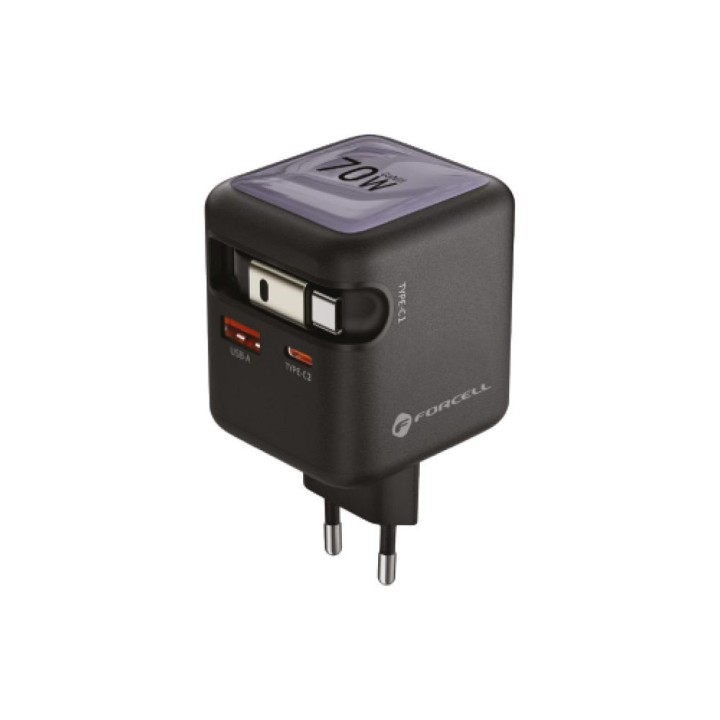 Wall charger for phone Forcell F-Energy GaN USB C + USB A + retractable cable USB C PD QC4.0 3A 70W VT-R7 grey