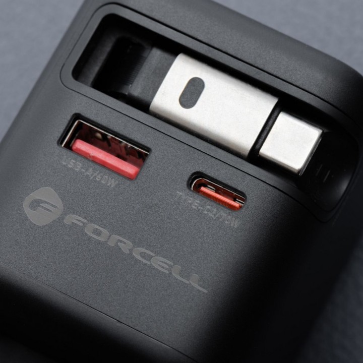 Wall charger for phone Forcell F-Energy GaN USB C + USB A + retractable cable USB C PD QC4.0 3A 70W VT-R7 grey