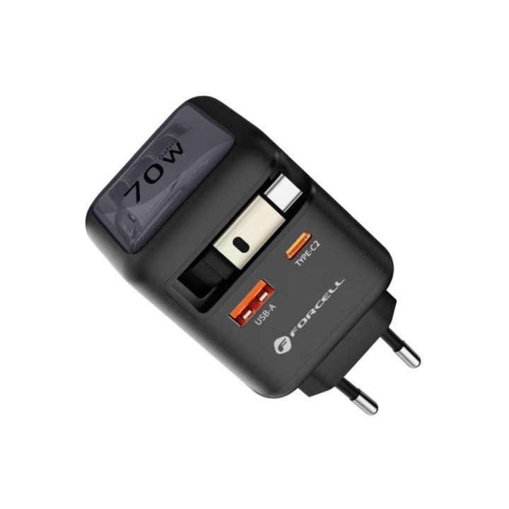 Wall charger for phone Forcell F-Energy GaN USB C + USB A + retractable cable USB C PD QC4.0 3A 70W VT-R7 grey
