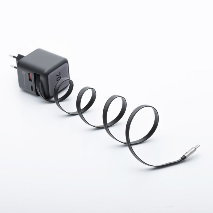 Мережевий зарядний пристрій для телефона Forcell F-Energy GaN USB C + USB A + висувний кабель USB C PD QC4.0 3A 70W VT-R7, сірий