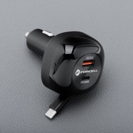 Автомобільний зарядний пристрій Forcell F-Energy Alu USB C + USB A + змотуваний кабель USB C PD QC4.0 SFC2.0 3A 75W чорний