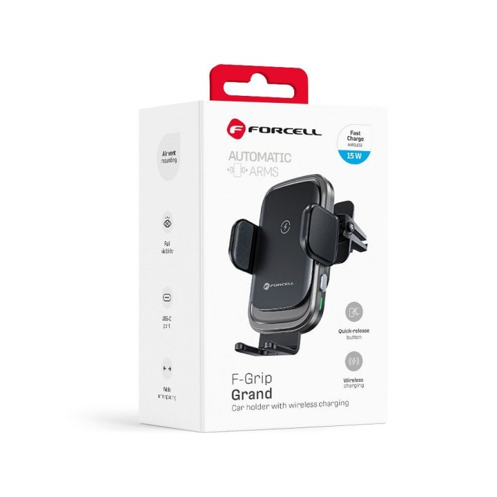 Phone holder for car wireless Forcell F-Grip Grand F-24 15W for the air vent silver