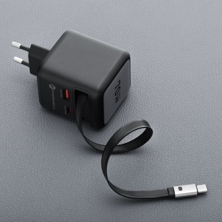 Сетевое зарядное устройство для телефона Forcell F-Energy GaN USB C + USB A + выдвижной кабель USB C PD QC4.0 3A 70W VT-R7, серо