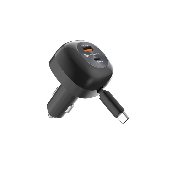 Car charger Forcell F-Energy Alu USB C + USB A + retractable cable USB C PD QC4.0 SFC2.0 3A 75W black