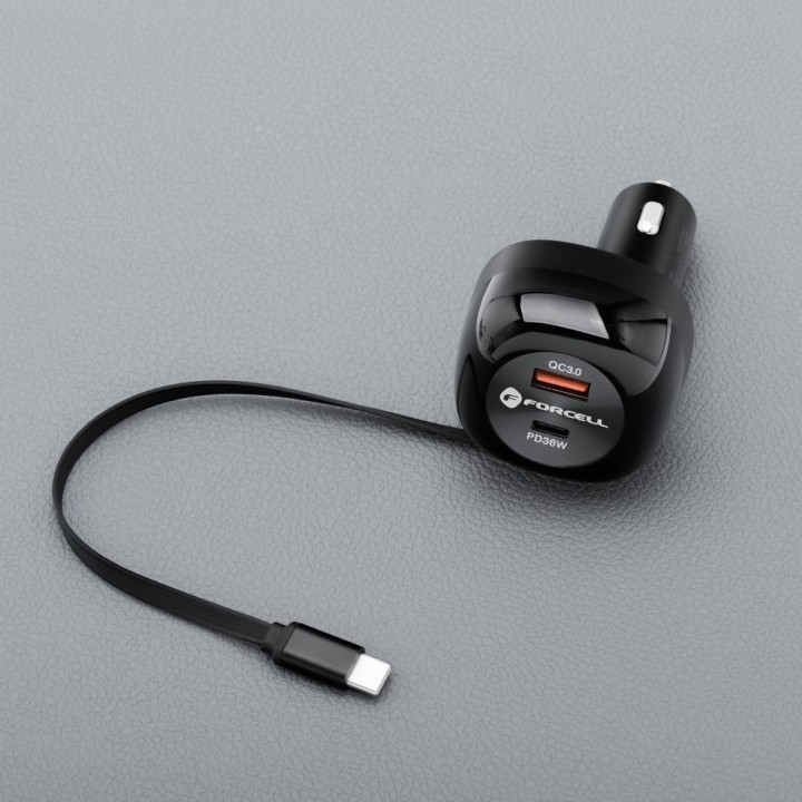 Автомобільний зарядний пристрій Forcell F-Energy Alu USB C + USB A + висувний кабель USB C PD QC4.0 SFC2.0 3A 75W, чорний