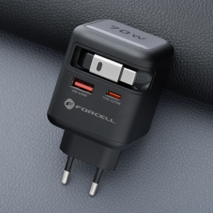 Wall charger for phone Forcell F-Energy GaN USB C + USB A + retractable cable USB C PD QC4.0 3A 70W VT-R7 grey