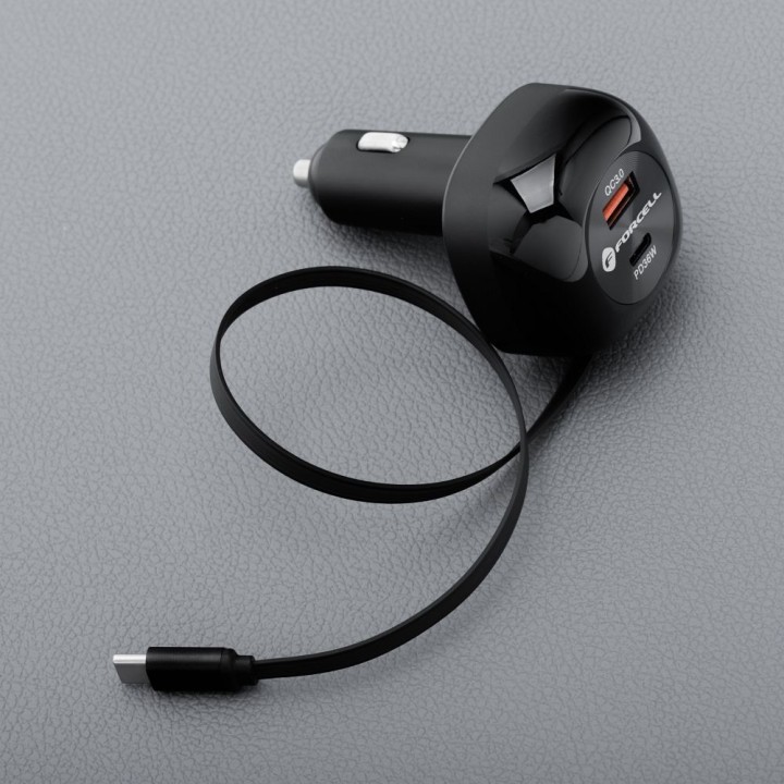 Car charger Forcell F-Energy Alu USB C + USB A + retractable cable USB C PD QC4.0 SFC2.0 3A 75W black