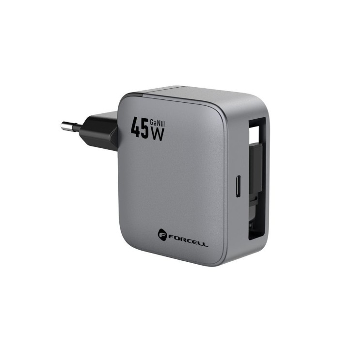 Wall charger for phone Forcell F-Energy GaN USB C + retractable cable USB C PD QC4.0 3A 45W VT-R5 grey