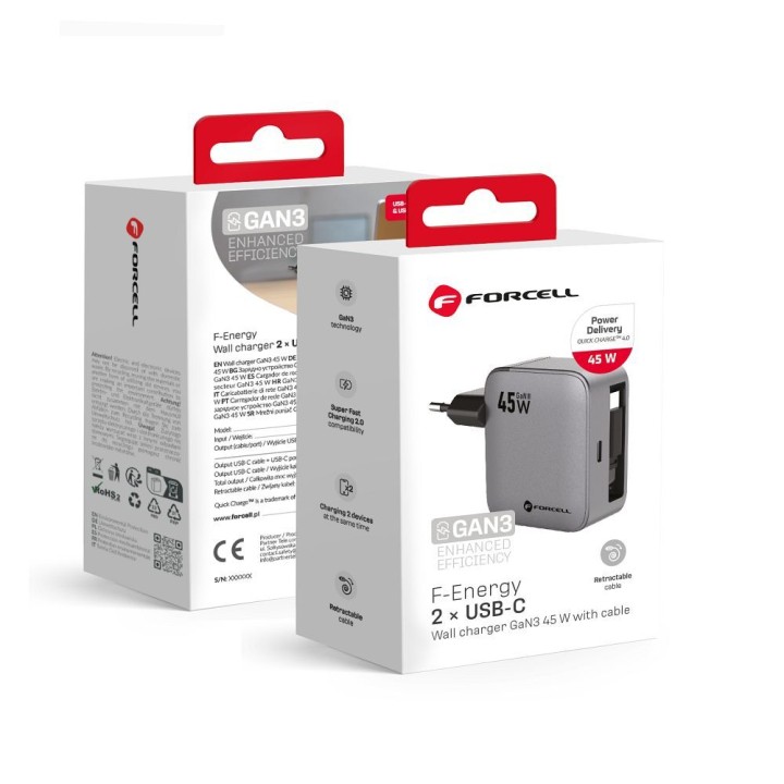 Сетевое зарядное устройство для телефона Forcell F-Energy GaN USB C + выдвижной кабель USB C PD QC4.0 3A 45W VT-R5, серое