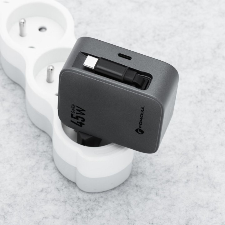 Wall charger for phone Forcell F-Energy GaN USB C + retractable cable USB C PD QC4.0 3A 45W VT-R5 grey