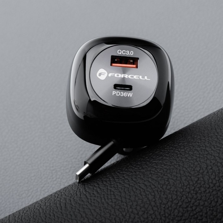 Car charger Forcell F-Energy Alu USB C + USB A + retractable cable USB C PD QC4.0 SFC2.0 3A 75W black