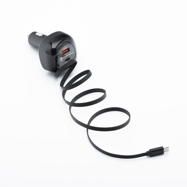 Автомобільний зарядний пристрій Forcell F-Energy Alu USB C + USB A + висувний кабель USB C PD QC4.0 SFC2.0 3A 75W, чорний