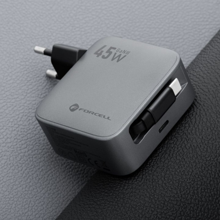 Wall charger for phone Forcell F-Energy GaN USB C + retractable cable USB C PD QC4.0 3A 45W VT-R5 grey