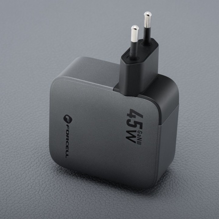 Wall charger for phone Forcell F-Energy GaN USB C + retractable cable USB C PD QC4.0 3A 45W VT-R5 grey