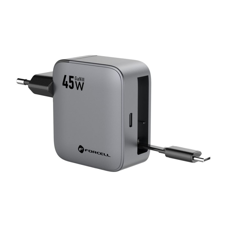 Мережевий зарядний пристрій для телефона Forcell F-Energy GaN USB C + висувний кабель USB C PD QC4.0 3A 45W VT-R5, сірий