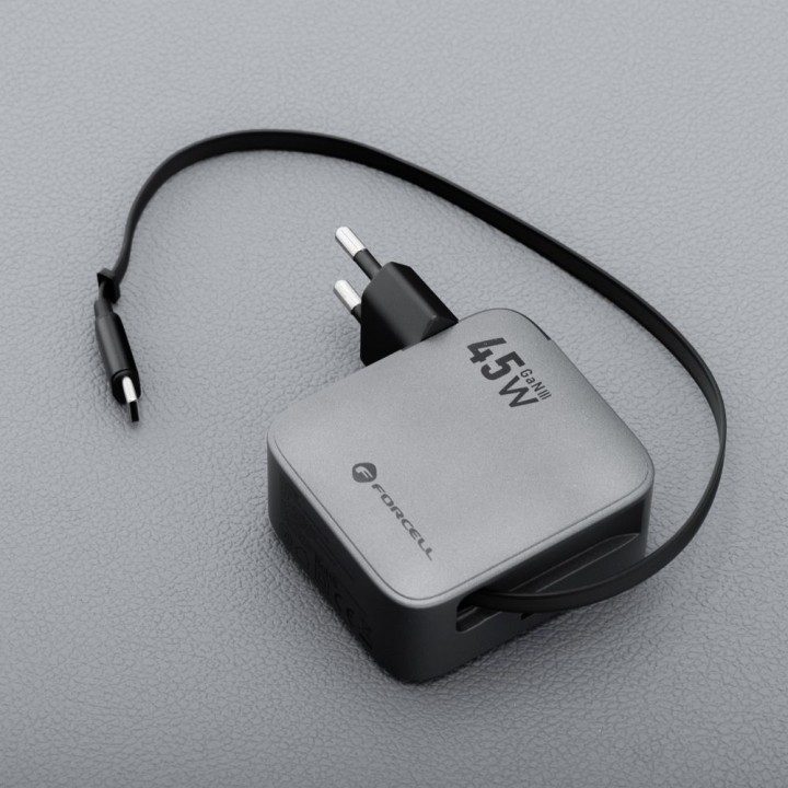 Wall charger for phone Forcell F-Energy GaN USB C + retractable cable USB C PD QC4.0 3A 45W VT-R5 grey