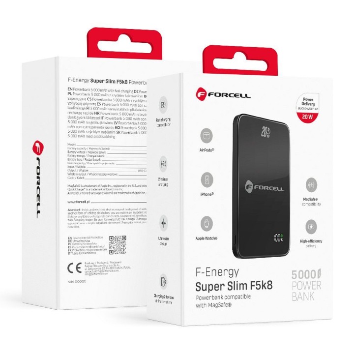 Повербанк, сумісний із MagSafe Forcell F-Energy SuperSlim F5K8 QC4.0 PD3.0 15W 5000 mAh, чорний 0INT