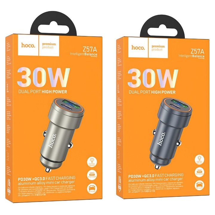 Ładowarka samochodowa Hoco USB A + USB C QC3.0 PD 3A 30W Z57A szara