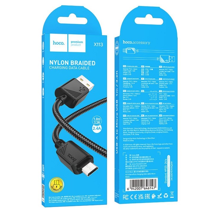 Cable USB A for Micro USB Hoco 2,4A 1 m X113 black