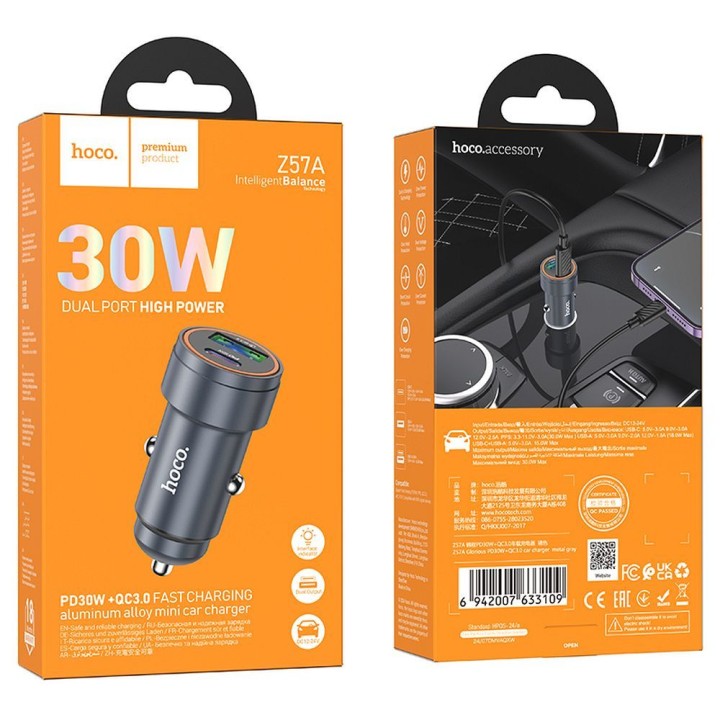 Ładowarka samochodowa Hoco USB A + USB C QC3.0 PD 3A 30W Z57A szara
