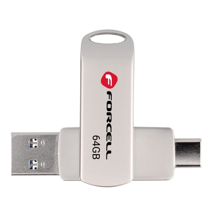 USB flash drive 64GB USB 3.2 Gen 1 (USB A / USB C) Forcell F-Data Metal Duo silver