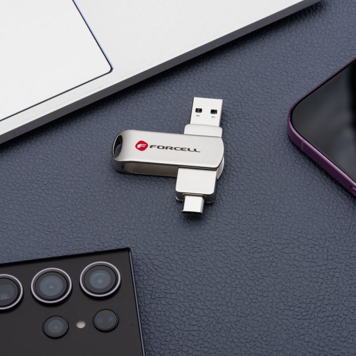 USB flash drive 64GB USB 3.2 Gen 1 (USB A / USB C) Forcell F-Data Metal Duo silver