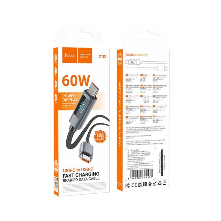 Кабель USB C — USB C Hoco 3A 60W с дисплеем 1 m X112 черный
