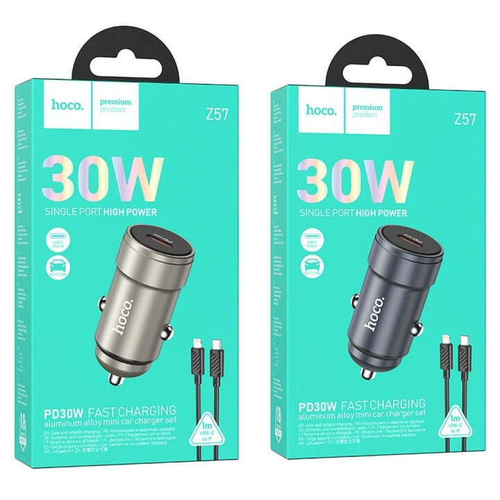 Автомобільний зарядний пристрій Hoco USB C QC3.0 PD 30W + кабель USB C — Lightning Z57 сірий