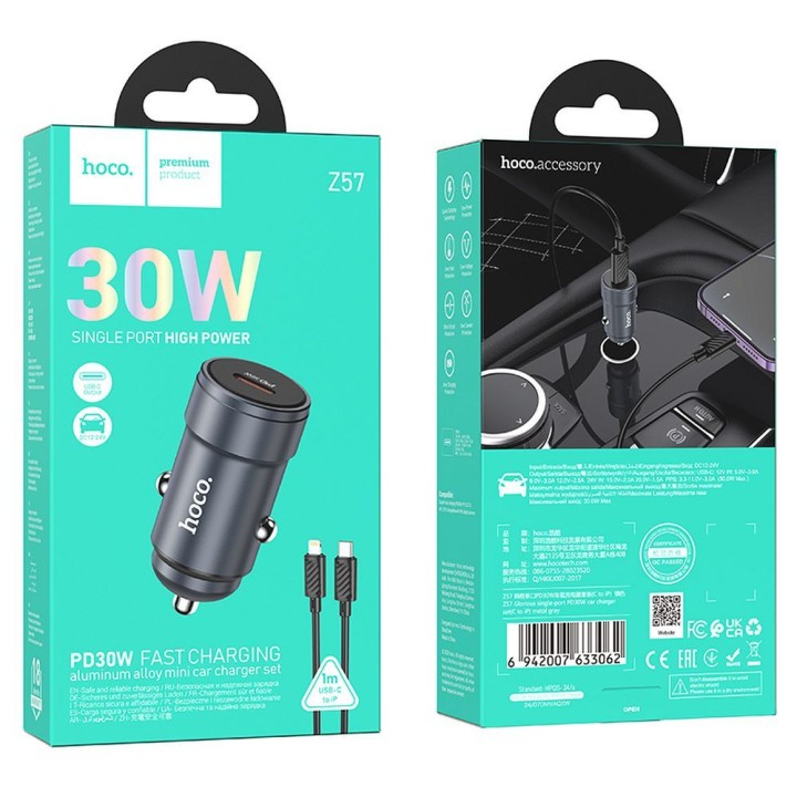 Автомобільний зарядний пристрій Hoco USB C QC3.0 PD 30W + кабель USB C — Lightning Z57 сірий