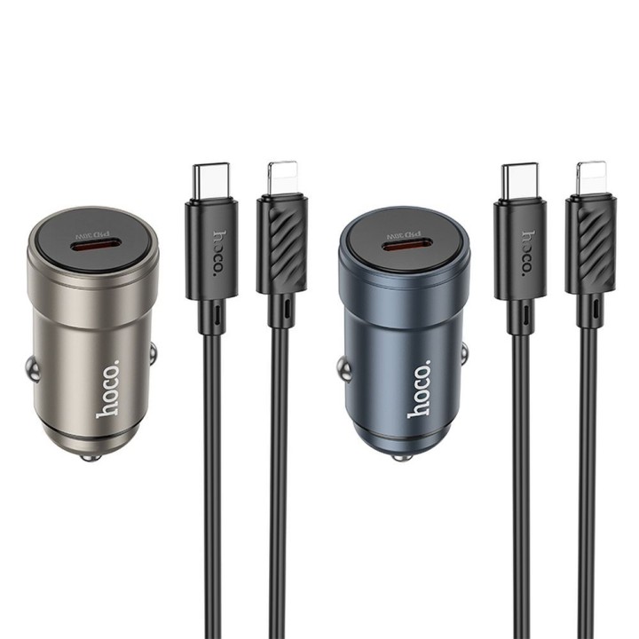 Автомобільний зарядний пристрій Hoco USB C QC3.0 PD 30W + кабель USB C — Lightning Z57 сірий