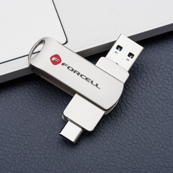 Флешка 64GB USB 3.2 Gen 1 (USB A / USB C) Forcell F-Data Metal Duo срібляста