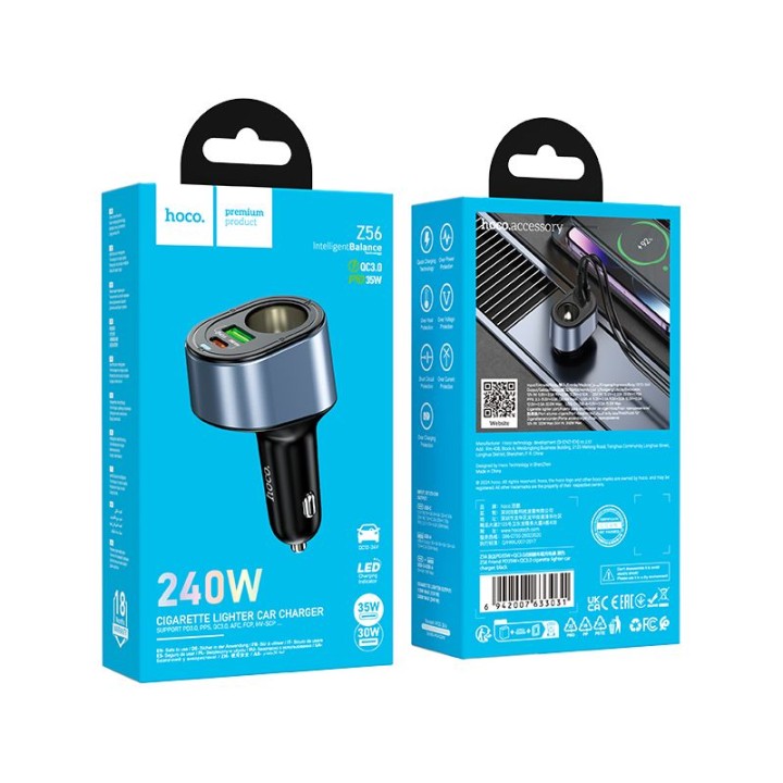 Car charger Hoco USB A + USB C + cigarette lighter socket PD QC3.0 3A 35W Z56 black