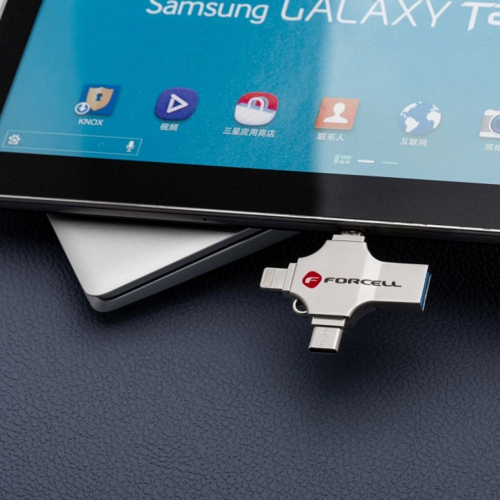 USB flash drive 64GB USB 3.2 Gen 1 (USB A / USB C / Lightning / Micro USB) Forcell F-Data Metal Quad silver
